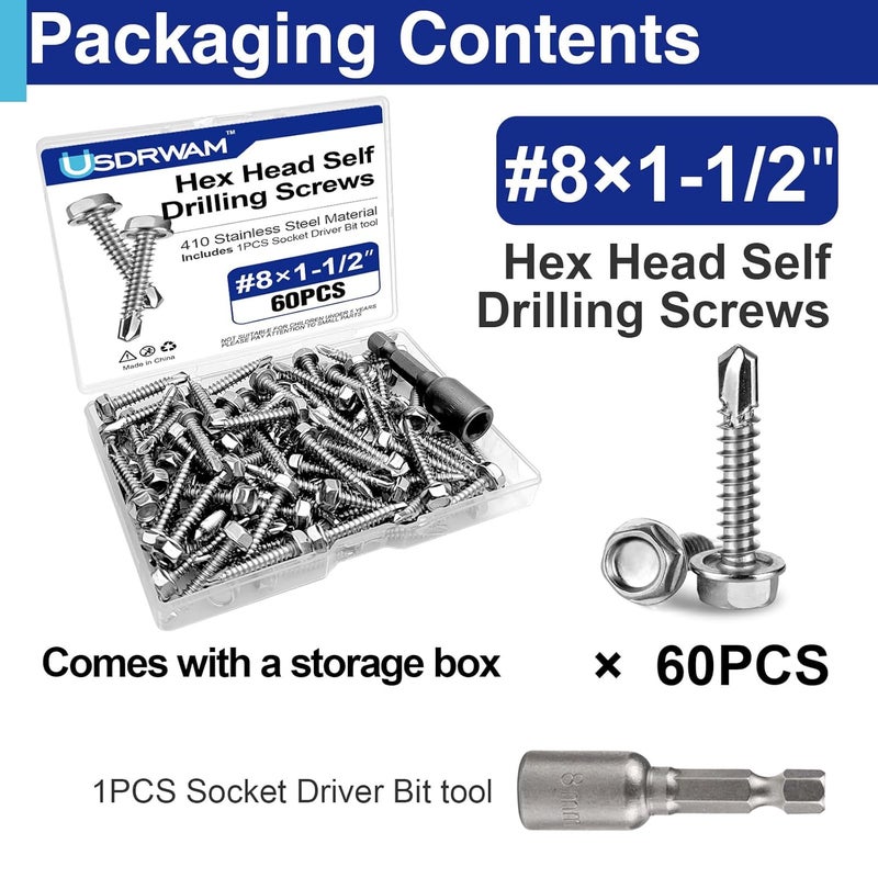 Usdrwam 60Pcs #8×1-1/2" Self Tapping Screws for Metal, 410 Stainless Steel Hex Washer Head Sheet Metal Screw - Image 3